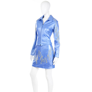 1990s Michael Hoban North Beach Leather Blue Dress & Jacket w Flame Stud Detail with tags