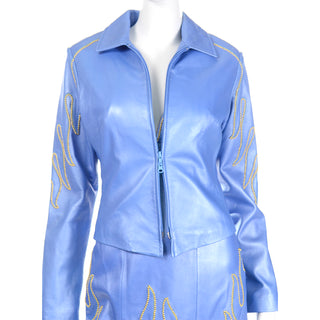 1990s Michael Hoban North Beach Leather Blue Flame Stud Dress & Jacket