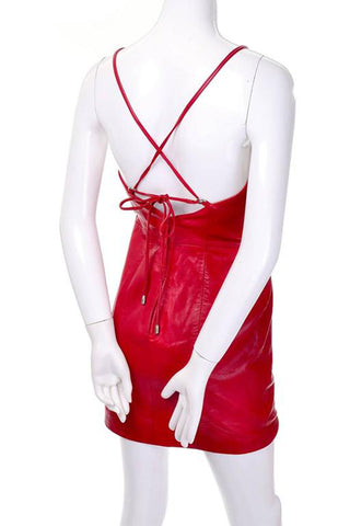 Michael Hoban Red leather mini dress tie back