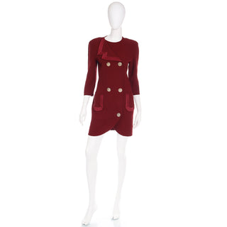1980s Mila Schon Vintage Burgundy Wool Crepe Coat Dress w Pink Trim M