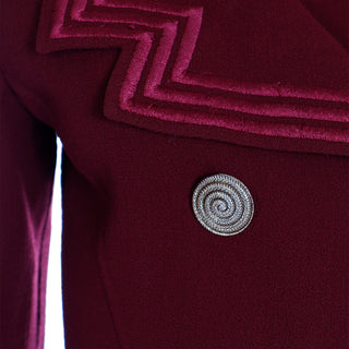 1980s Mila Schon Vintage Burgundy Wool Crepe Coat Dress w Pink Trim w swirl buttons
