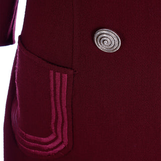 1980s Mila Schon Vintage Burgundy Wool Crepe Coat Dress w Pink Trim embroidery