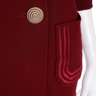 1980s Mila Schon Vintage Burgundy Wool Crepe Coat Dress w Pink Trim IT size 46 M