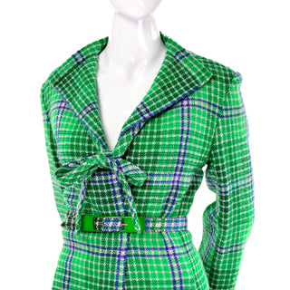 Rare 1970s Vintage Missoni Green Plaid Skirt Suit With Belted jacket