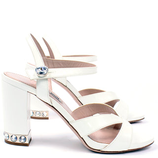 Miu Miu White Ankle Strap Open Toe Shoes With Rhinestones Sandals
