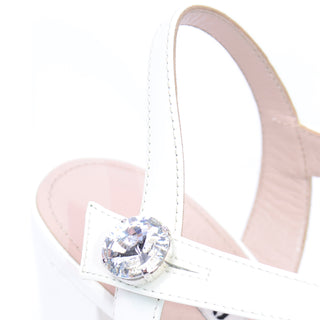 Miu Miu White Ankle Strap Open Toe Shoes Sandals With Rhinestones 