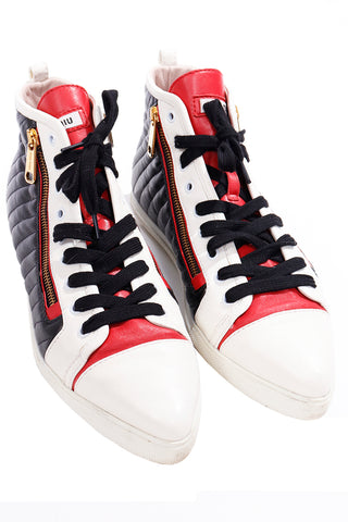 Miu Miu Red White & Black Pointed Toe High Top Nappa Biker Sneakers