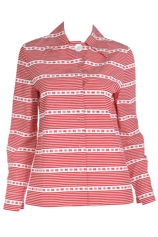 2015 Miu Miu Red & White Print Cotton Long Sleeve Runway Shirt