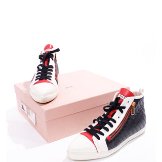 Miu Miu Red White & Black Pointed Toe High Top Nappa Biker Sneakers w box