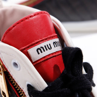Miu Miu Red White & Black Pointed Toe High Top Nappa Biker Sneakers branded zippers