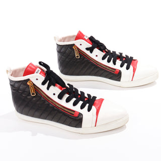 Womens Miu Miu Red White & Black Pointed Toe High Top Nappa Biker Sneakers