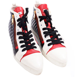 Miu Miu Red White & Black Pointed Toe High Top Nappa Biker Sneakers unique zippers