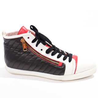 Miu Miu Red White & Black Pointed Toe High Top Nappa Biker Sneakers w zippers