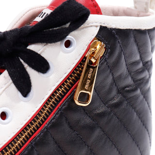 Size 41 Miu Miu Red White & Black Pointed Toe High Top Nappa Biker Sneakers w zippers