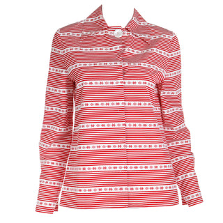 2015 Miu Miu Red & White Print Cotton Long Sleeve Runway Shirt Prada