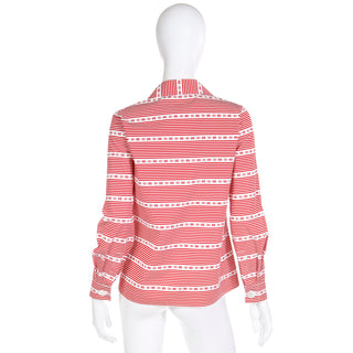 2015 Miu Miu Red & White Print Cotton Long Sleeve Runway Shirt Made in Italy