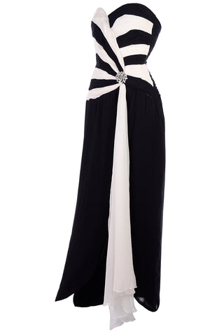 Vintage Black and White Silk Chiffon Dress Strapless Evening Gown