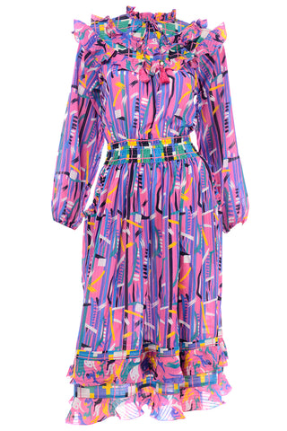 Diane Freis Pink Purple Abstract print ruffle dress