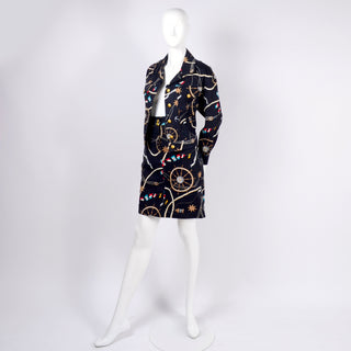 90's Mondi vintage black denim jacket and skirt with Naval Print