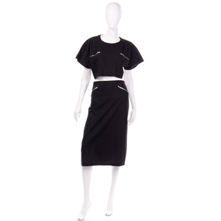 Cotton 1980s Vintage Moonglow Black Bare Midriff 2 Piece Dress
