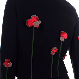 90s Vintage Moschino 2pc Black Skirt Suit W Red Flower Applique Cheap and Chic