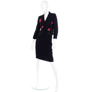 Vintage Moschino 2pc Black Skirt Suit W Red Flower Applique 1990s