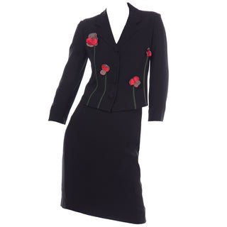 90s Vintage Moschino 2pc Black Skirt Suit W Red Flower Applique
