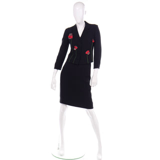 1990s Vintage Moschino 2pc Black Skirt Suit W Red Flower Applique