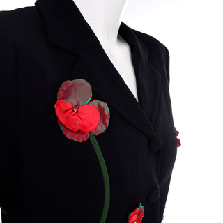 Vintage Moschino 2pc Black Skirt Suit W Red Flower Appliques 1990s