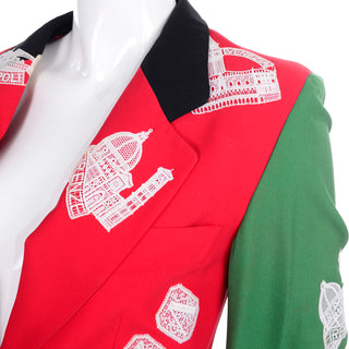 ON HOLD / 1991 Red & Green Moschino Couture Vintage Camp Jacket W Lace Italian Landmarks