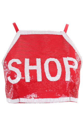 Moschino Couture Shop Stop Sign Red & White Sequin Runway Crop Top
