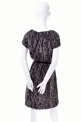 Moschino Vintage Brown Ruffles Print 1990s Silk Dress  w Bubble Hem & Suede Belt
