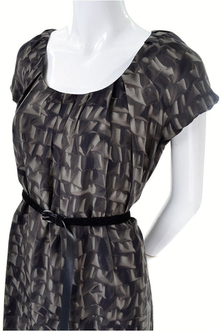 Moschino Vintage Brown Ruffles Print 90s Silk Dress With Suede Belt