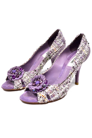 Moschino Vintage Purple Tweed Open Toe Shoes Heels
