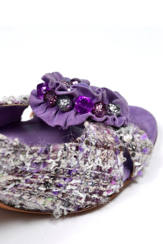 Moschino Vintage Purple Tweed Open Toe Shoes With Beaded Roses 3.5 Inch Heels