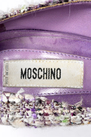 Moschino Vintage Purple Tweed Open Toe Shoes With Beaded Rosettes