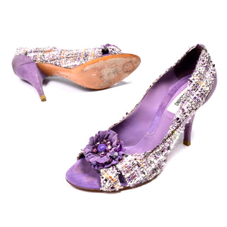 Moschino Vintage Purple Tweed Open Toe Shoes With 3.5 Inch Heels