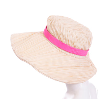 Late 1960s Mr John Vintage Pleated Cream Floppy Hat with Pink Ribbon 