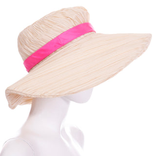 1960s Mr John Vintage Pleated Cream Floppy Hat with Pink Ribbon Unique