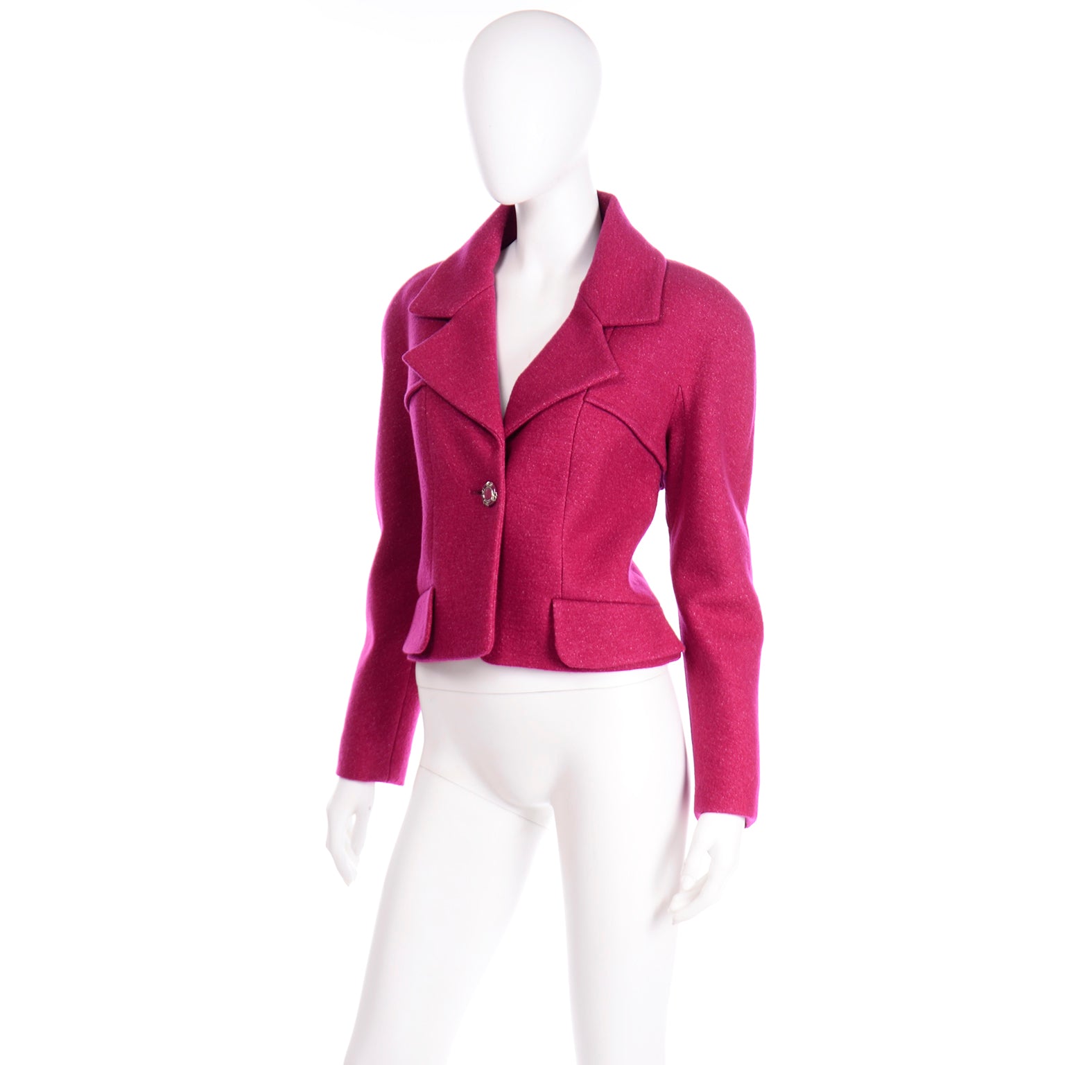 63704 auth CHANEL raspberry pink wool 2018 CROPPED RAGLAN Jacket 36 XS