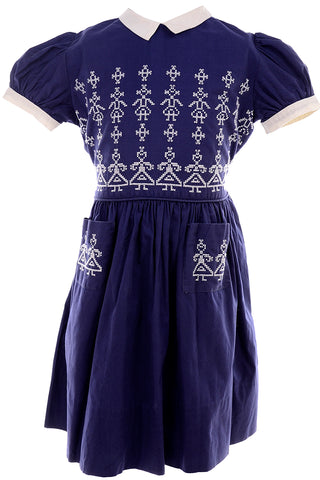 1950s Child's Blue Cotton Dress With Cross Stitch