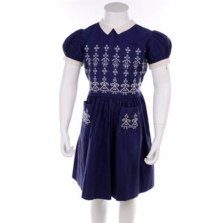 1950s Child's Blue Cotton Dress With Cross Stitch & Sash