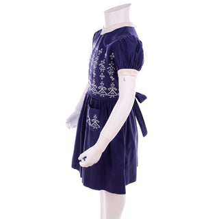 1950s Vintage Child's Blue Cotton Dress With Cross Stitch