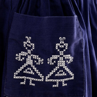 1950s Child's Blue Cotton Dress W Cross Stitch Stick Figures