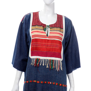 Vintage South American Indigo Blue Dress with Red Fringe Bib