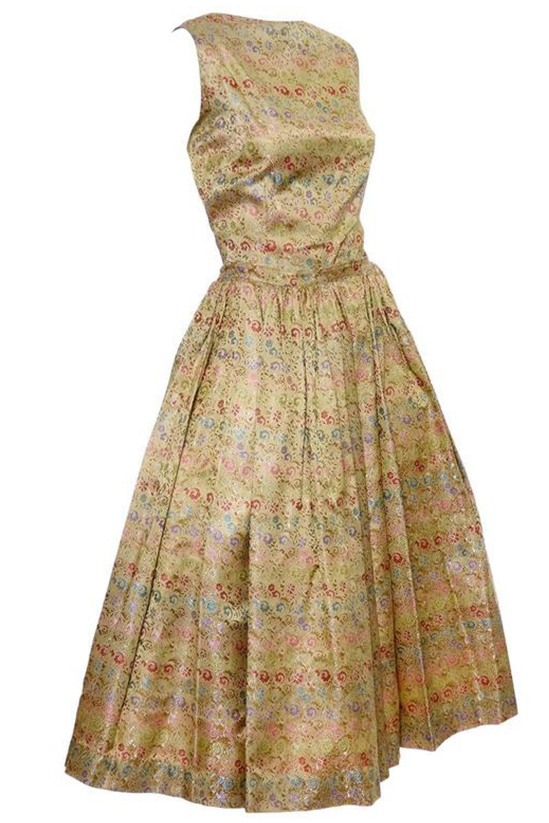 1950s Vintage Nelly de Grab New York Gold Brocade Floral 2 Piece Dress Modig 1950s Vintage Nelly de Grab New York Gold Brocade Floral 2 Piece Dress Modig