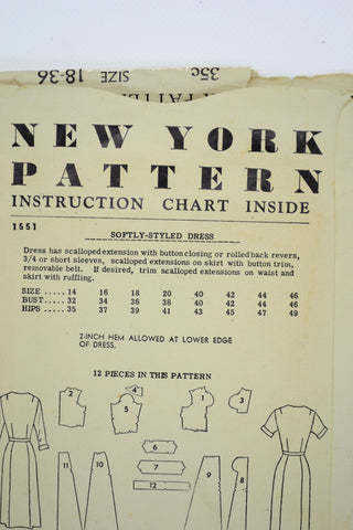 1950s New York 1551 Dress Sewing Pattern