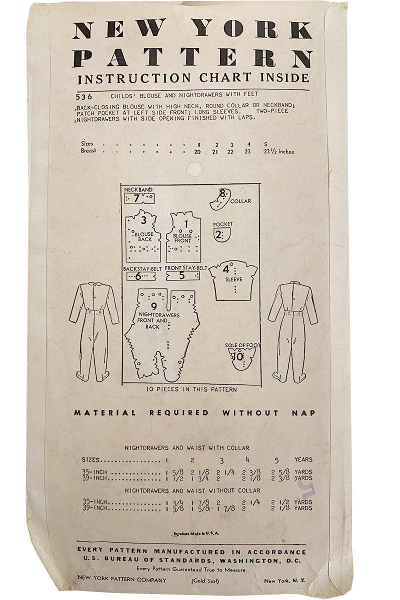 New York 536 Vintage 1940s Toddler Footie Pajamas Sewing Pattern