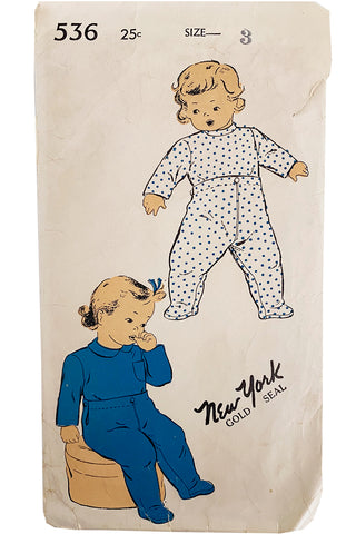 New York 536 Vintage 1940s Footie Pajamas Sewing Pattern Pjs