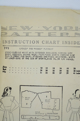 New York Pattern 793 Vintage Playsuit shorts 1940s